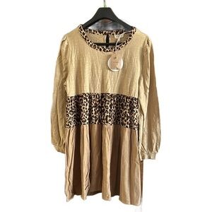 Umgee Tan and leopard print Bishop Sleeve dress